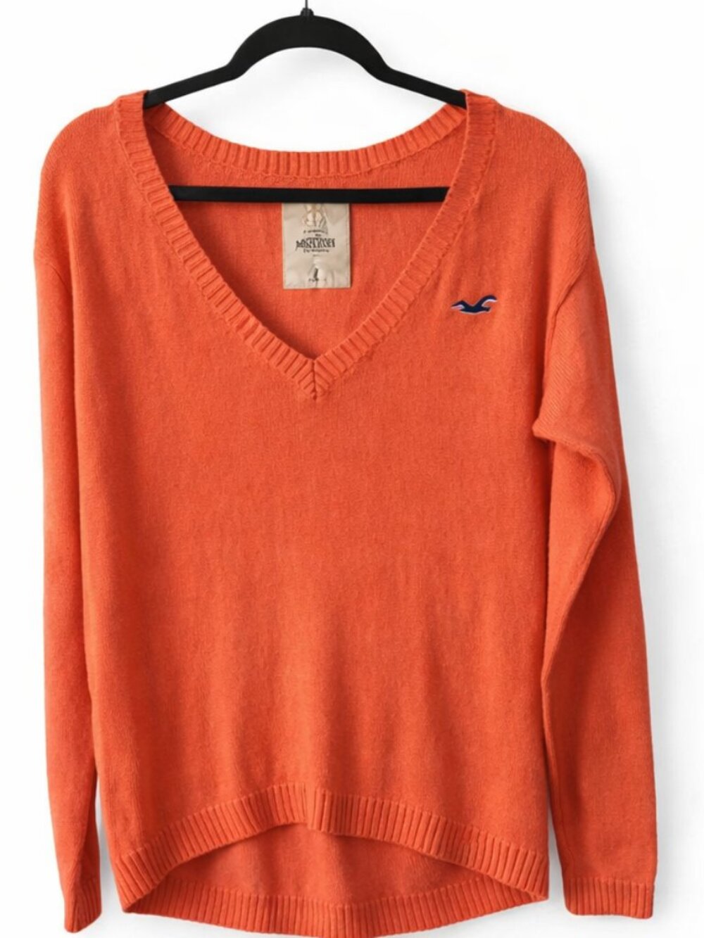 Hollister Coral Orange V Neck Sweater Lightweight Knit Size S Relaxed Fit - Picture 2 of 5
